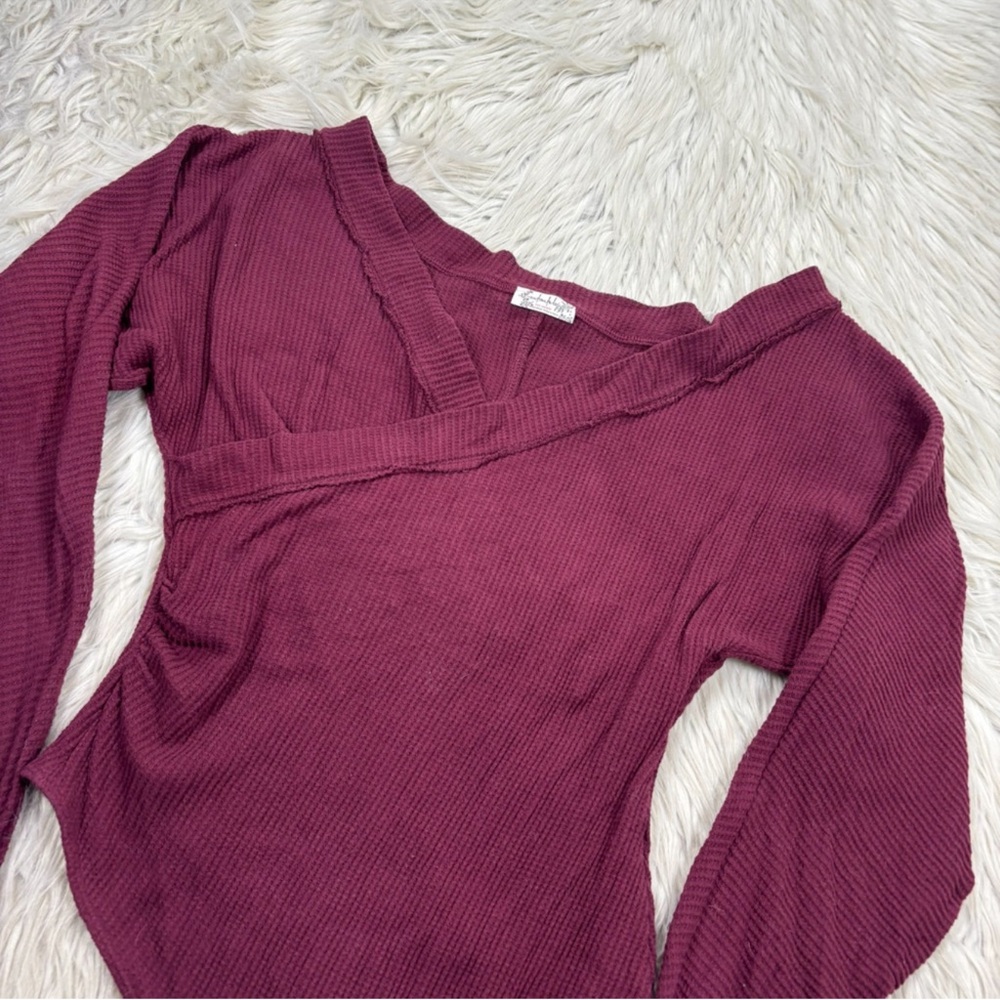 Free People Women's M Lovin This Feeling Bodysuit in Fig Burgundy Waffle Knit - Picture 2 of 3